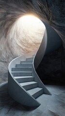 A spiral staircase leading to a bright light, symbolizing hope and exploration in a mystical environment.