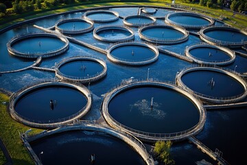 Aerial view of modern urban wastewater treatment plant processing water in round tanks