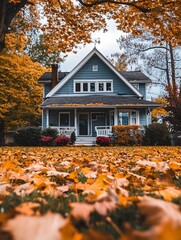 Cottage house with leaves on the front lawn, fall season
