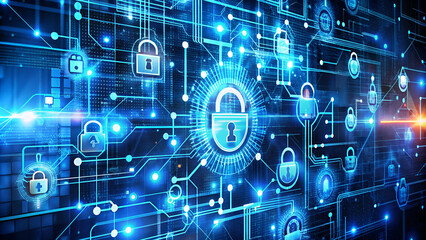 Obraz premium Cyber security Network with technology abstract texture Glowing Blue Padlocks Digital Security Landscape featuring Padlock Symbols