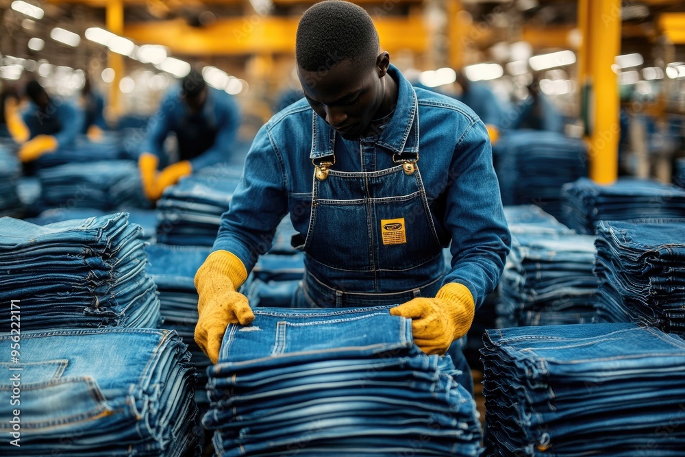 Poster textile factory worker folding jeans in a workshop