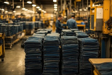 Textile factory worker organizing stacks of finished denim jeans