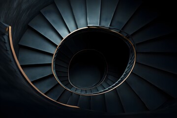 Endless Staircase A spiral staircase with countless steps ascends into an inky black void, offering no escape