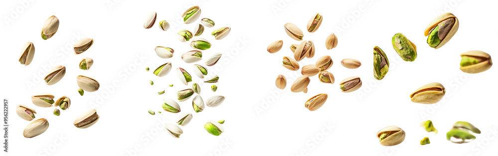 Poster Falling pistachio isolated on white background with clipping path, full depth of field