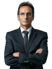 A confident and focused middle-aged man in a suit, embodying the essence of business leadership and executive authority in this detailed portrait. On Transparent Background