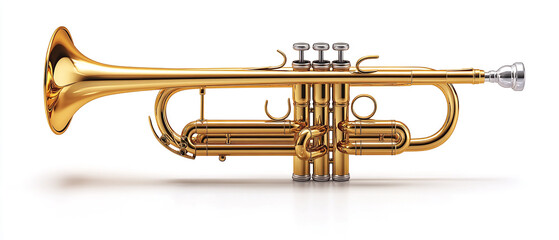Shiny golden trumpet on a white background, ideal for music-related themes, performances, and artistic concepts.