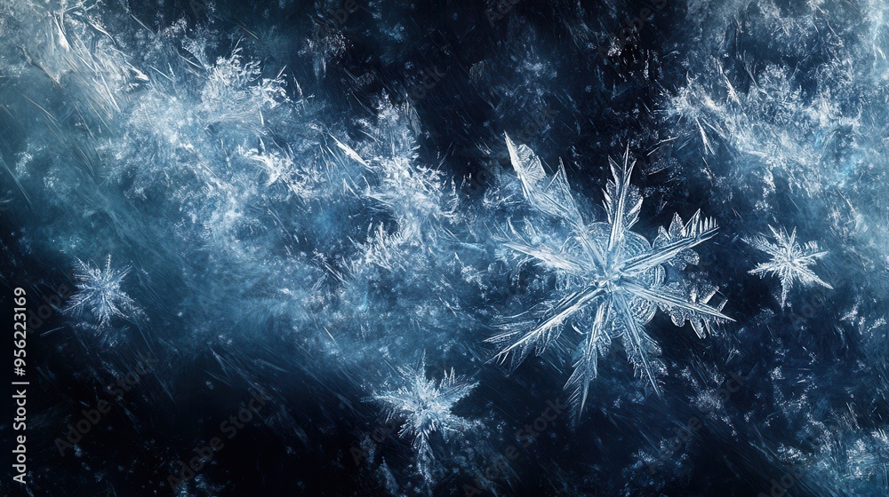 Poster delicate snowflakes scatter across a dark background, interwoven with shimmering lines, capturing th
