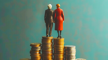Concept of retirement planning. Old couple standing on top of coin stack. Retirement saving or investment pension fund, planning for wealth and expense for living after retire