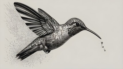 hummingbird in mid-flight, showcasing its intricate feather patterns and graceful movement sketch engraving generative ai vector illustration. Scratch board imitation. Black and white image.
