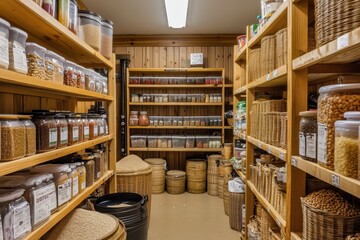 A well-organized pantry filled with various containers of grains, nuts, and dried goods.