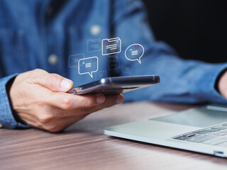 Email, message box. Social media marketing technology concept. Man using mobile phone with new message icon and notification chatting conversation in chat box. Business communication, 