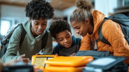 Obraz premium Family members checking their emergency kit contents against a checklist, ensuring they have everything needed for any situation.