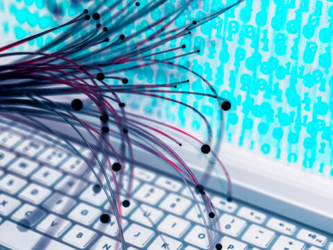 Fiber optics with virus attacking binary code in laptop