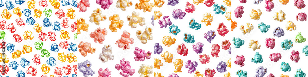 Poster a colorful, seamless, pattern of fruity popcorn is isolated on a white background