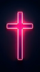 Obraz premium Glowing neon cross symbolizing Jesus Christ. Religious symbol of faith and prayer. Isolated on a dark background highlighting the neon cross
