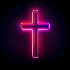 Fototapeta premium Glowing neon cross symbolizing Jesus Christ. Religious symbol of faith and prayer. Isolated on a dark background highlighting the neon cross