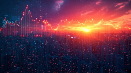 Futuristic city skyline at sunset with glowing red graph lines representing stock market trends and data analysis.