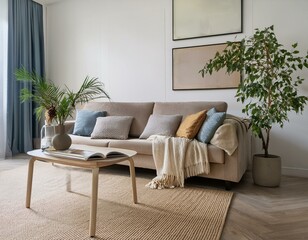 Interior of cozy living room with grey sofa and coffee table near white wall
