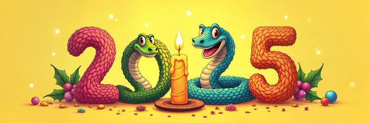Colorful graphic with the text 2025 displayed prominently, featuring two cartoon snakes and a candle surrounded by various fruits and candies.