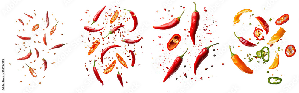 Aufkleber clipping path with falling sliced red hot chillies.