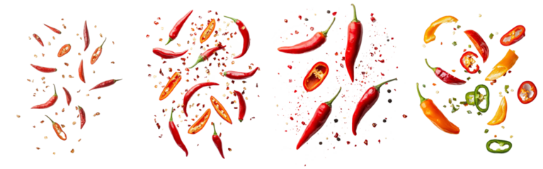 Clipping path with falling sliced red hot chillies.
