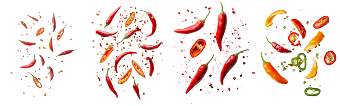 Clipping path with falling sliced red hot chillies.