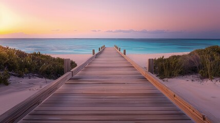 Obraz premium A long wooden boardwalk with a view extending to a white sandy beach and turquoise ocean at sunset. The sides of the boardwalk are adorned with occasional shrubs, enhancing the natural beauty.