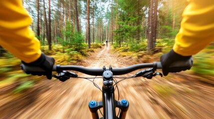 High-speed mountain biking on a forest path, rider s skill and the rough trail captured in action
