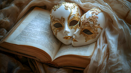 Venetian Masks on Antique Book with Fabric