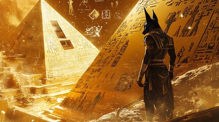 Anubis depicted in a futuristic setting inside a golden pyramid, with advanced technology and holographic Egyptian symbols floating around