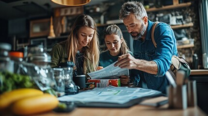 Family reviewing emergency plans with a fully stocked disaster kit on the kitchen counter, preparing for unforeseen situations.