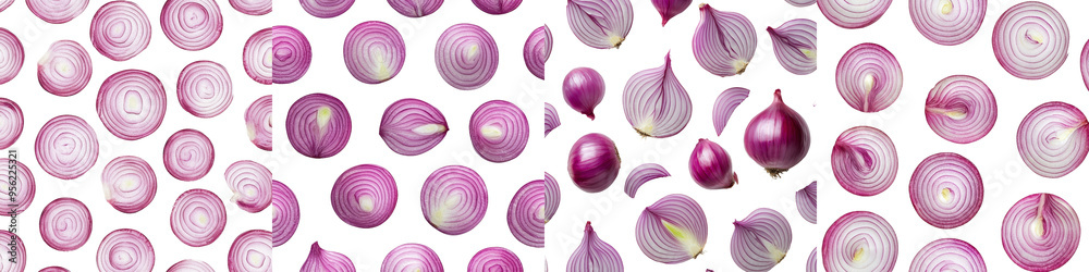 Poster the red onion is isolated on a white background, seamless, and patterns