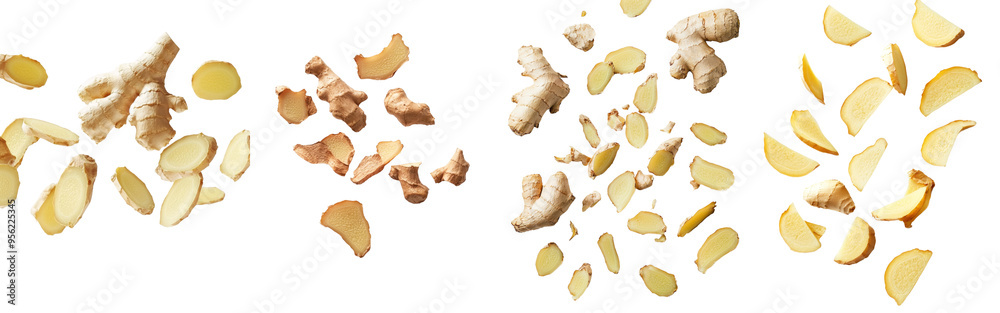 Poster slice of falling ginger isolated on white background, clipping path, full depth of field