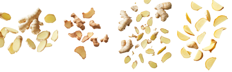 Slice of falling ginger isolated on white background, clipping path, full depth of field