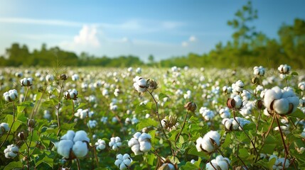 The lush green of a cotton field contrasted with the bright white of the cotton bolls, all under the intense light of a sunny day.