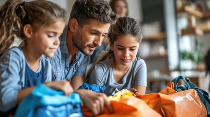Obraz premium Family sorting through an emergency kit, deciding on the best locations in the home to store essential supplies.