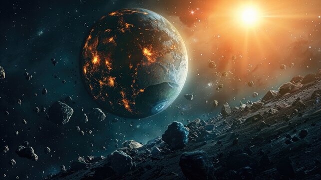 A dead planet with asteroid belt and crators