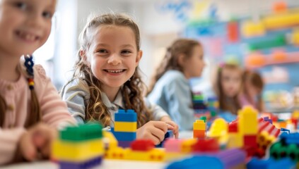 Obraz premium Happy laughing kids doing arts and crafts in a school day care center classroom