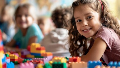 Happy laughing kids doing arts and crafts in a school day care center classroom