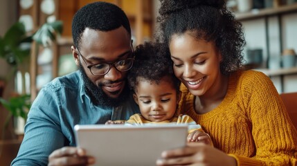 Fototapeta premium Father and mother setting up a child-friendly tablet with educational apps, supporting learning and development remotely.