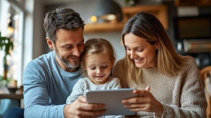 Obraz premium Father and mother setting up a child-friendly tablet with educational apps, supporting learning and development remotely.