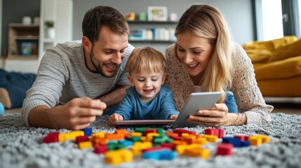 Fototapeta premium Father and mother setting up a child-friendly tablet with educational apps, supporting learning and development remotely.
