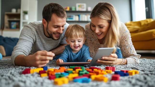 Father and mother setting up a child-friendly tablet with educational apps, supporting learning and development remotely.