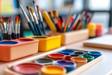 Naklejka premium Close-Up of an Art Supplies Table with Paintbrushes, Watercolor Paints, and Drawing Paper in Wooden Containers