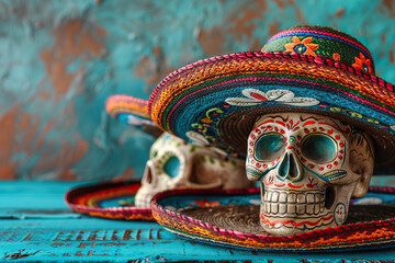 Fototapeta premium Skull decorated with paints and sombrero in offering to the Day of the Dead Mexico. Culture and traditions of Mexico.