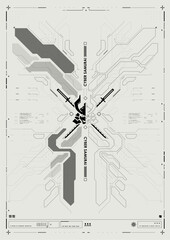Tech Abstract poster template with HUD elements. cyber culture, Modern flyer for web and print. hacking, Cyberpunk futuristic samurai poster. programming and virtual environments.
