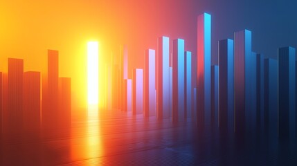 Fototapeta premium Abstract 3D of bar graph, illuminated by a glowing sunset, showcasing a striking blend of warm and cool colors.