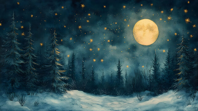Winter Forest Night Sky Watercolor Painting with Full Moon and Stars