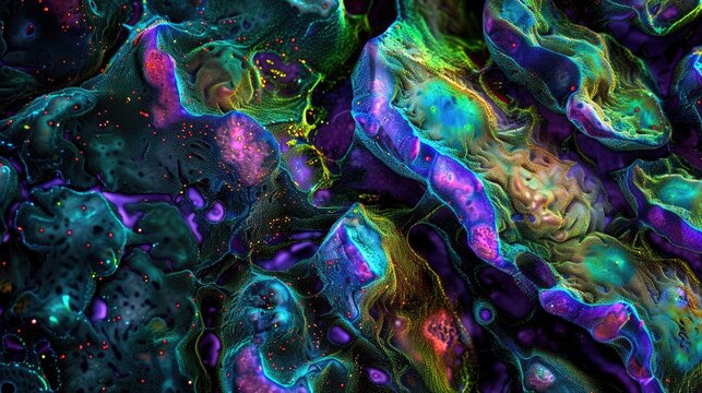 Cerebellar folium from a section of mouse brain labelled with immunofluorescence and recorded with confocal laser scanning microscopy Large Purkinje cells stand out