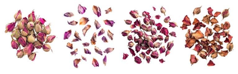 Clipping path, full depth of field, and falling dried rose isolated on white background